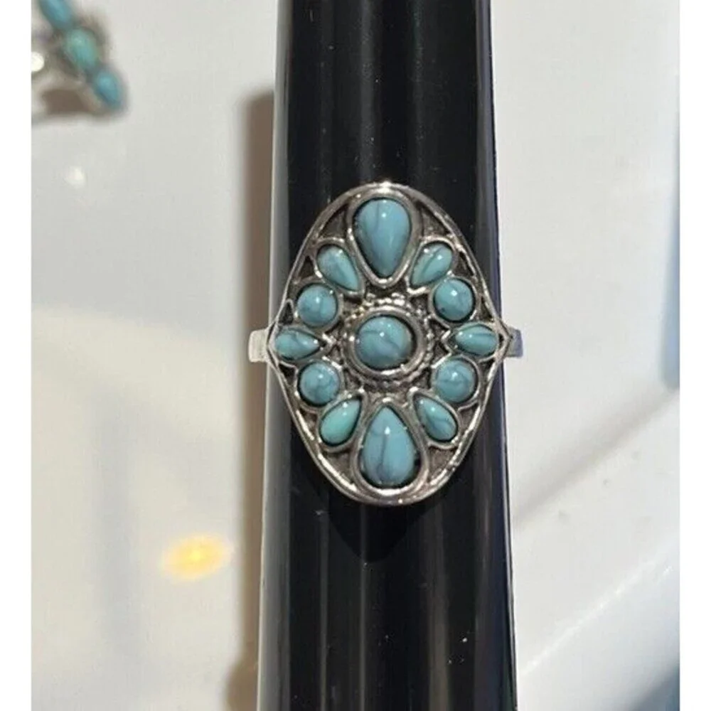 Cocktail Costume Rings Lot Of 2 Silver Tone Rhinestones Faux Turquoise Sz 9/9.25